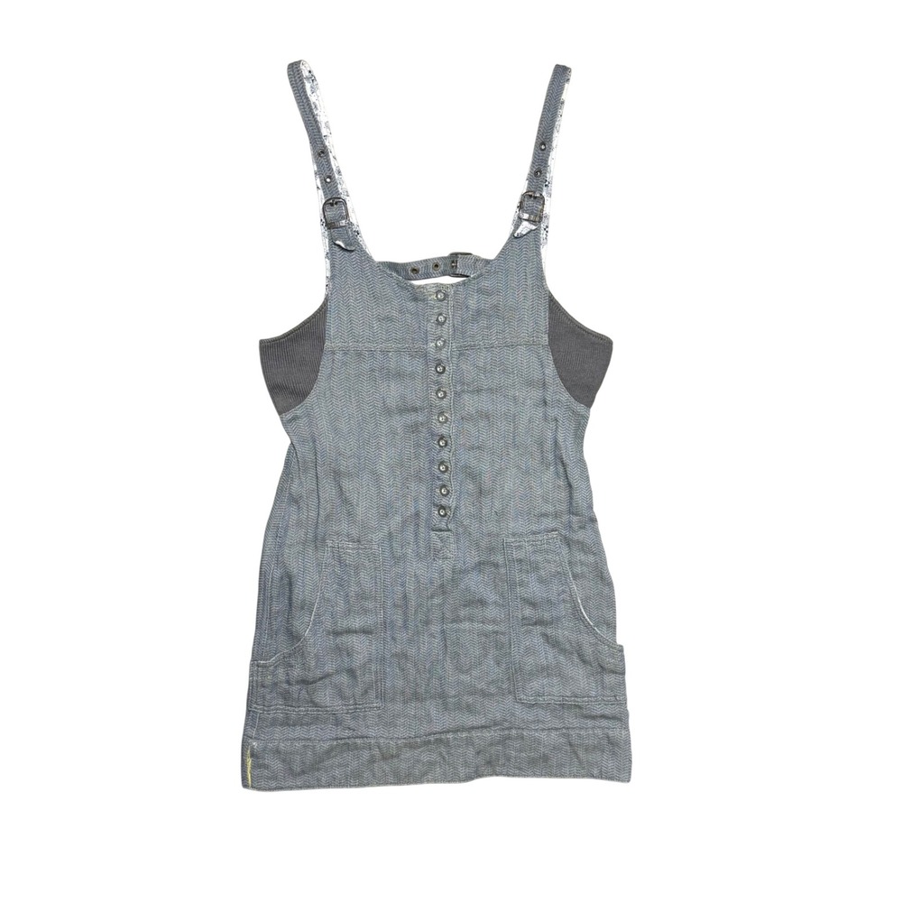 Free People FP Herringbone Pinafore Mini Dress Gray Blue Buckle Straps